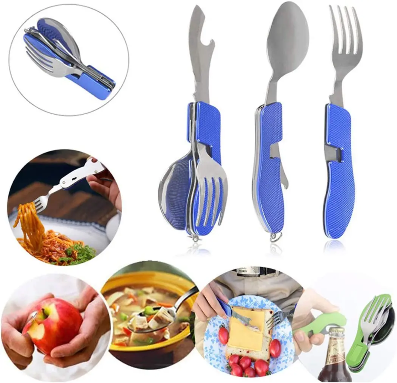 Fourchette de poche multifonction pliable 3 en 1 avec cuillère