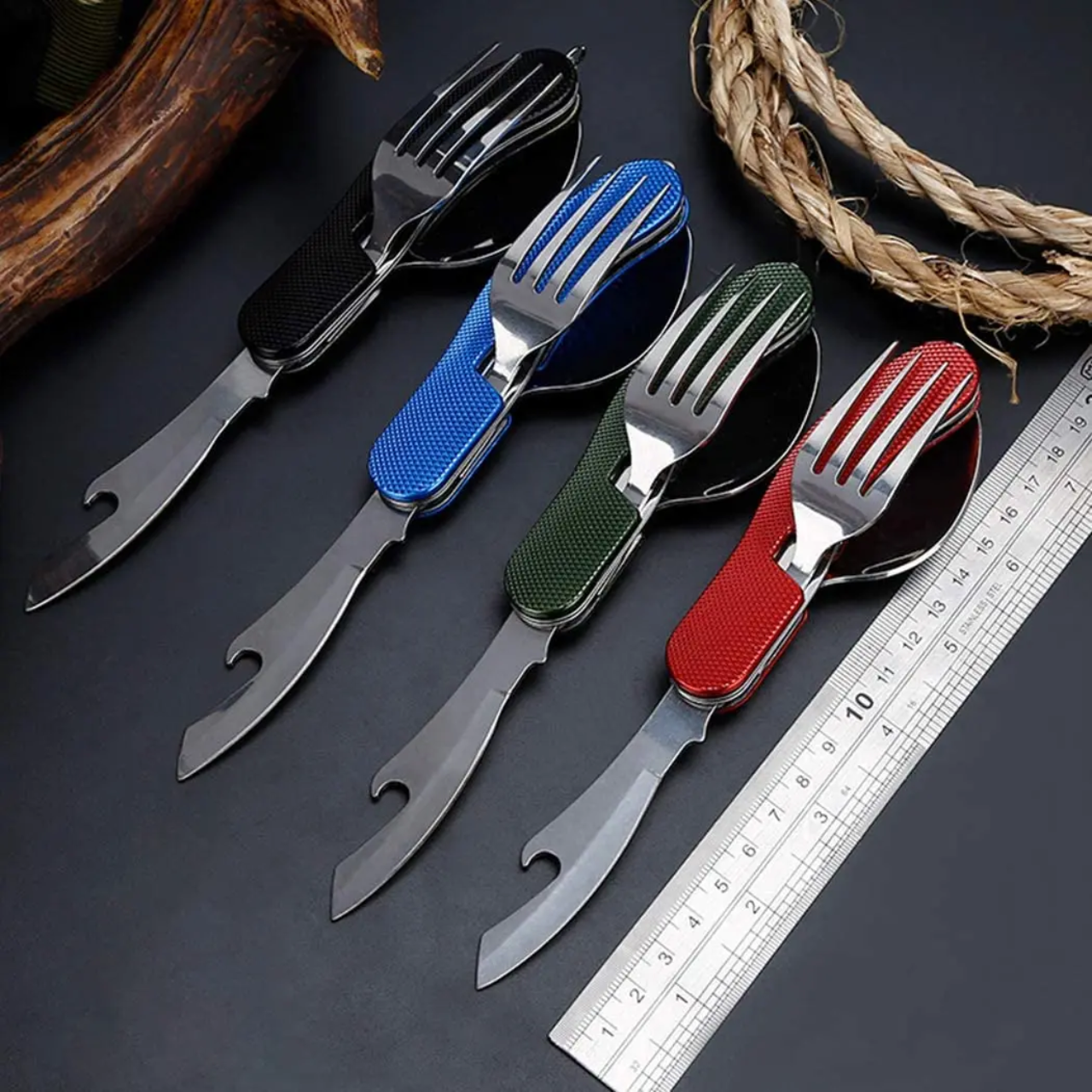 Fourchette de poche multifonction pliable 3 en 1 avec cuillère