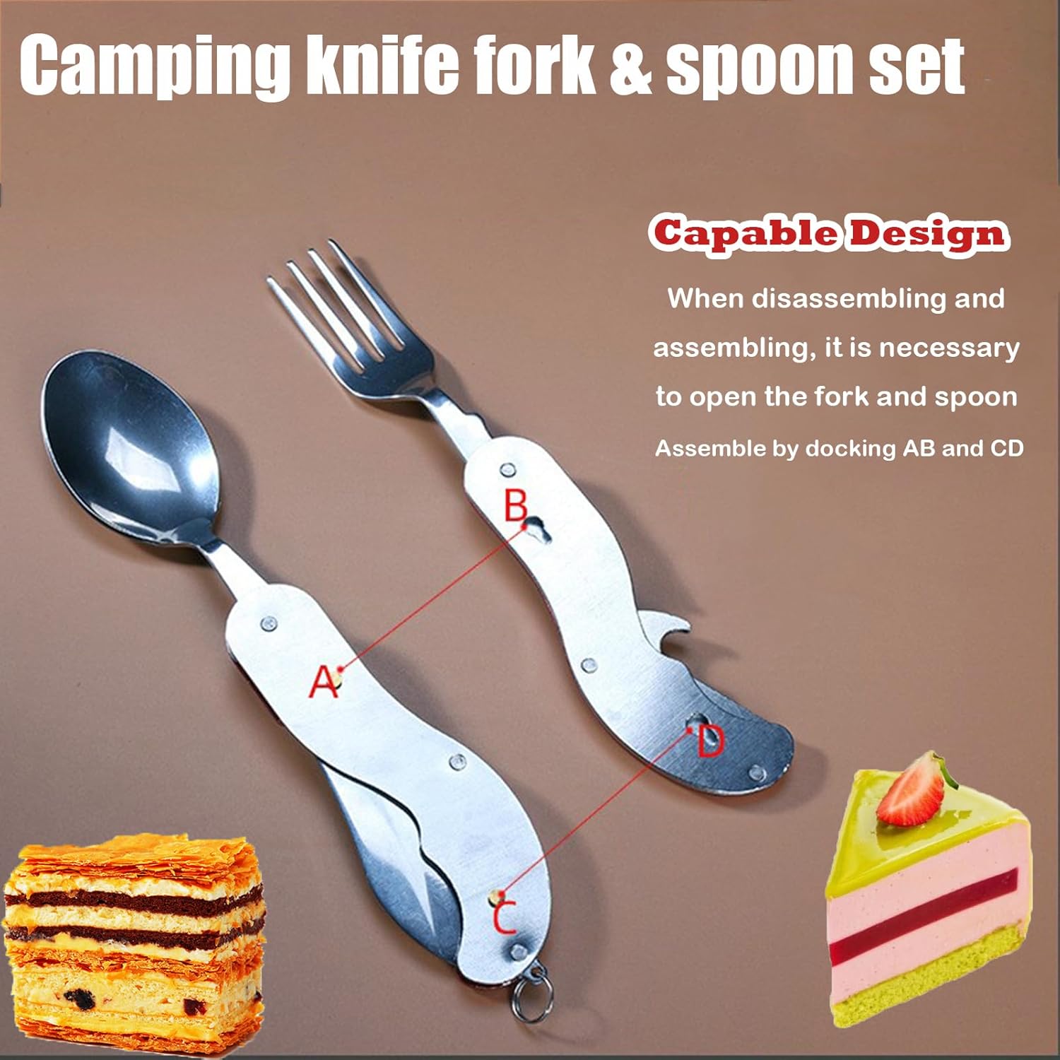 Fourchette de poche multifonction pliable 3 en 1 avec cuillère