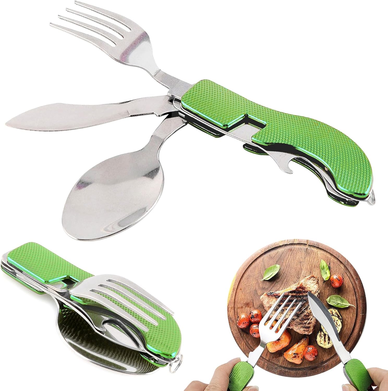 Fourchette de poche multifonction pliable 3 en 1 avec cuillère