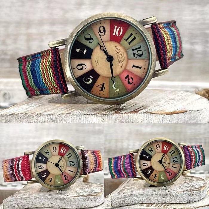 Montre en tissu cuir vintage métal doré pour femme