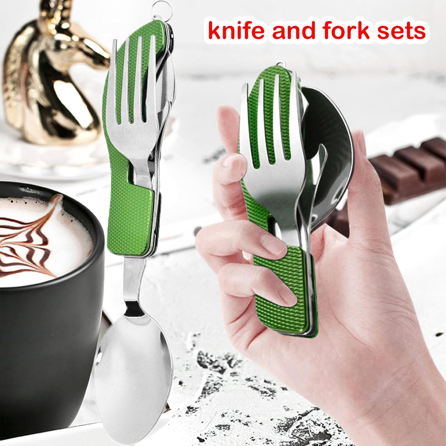Fourchette de poche multifonction pliable 3 en 1 avec cuillère