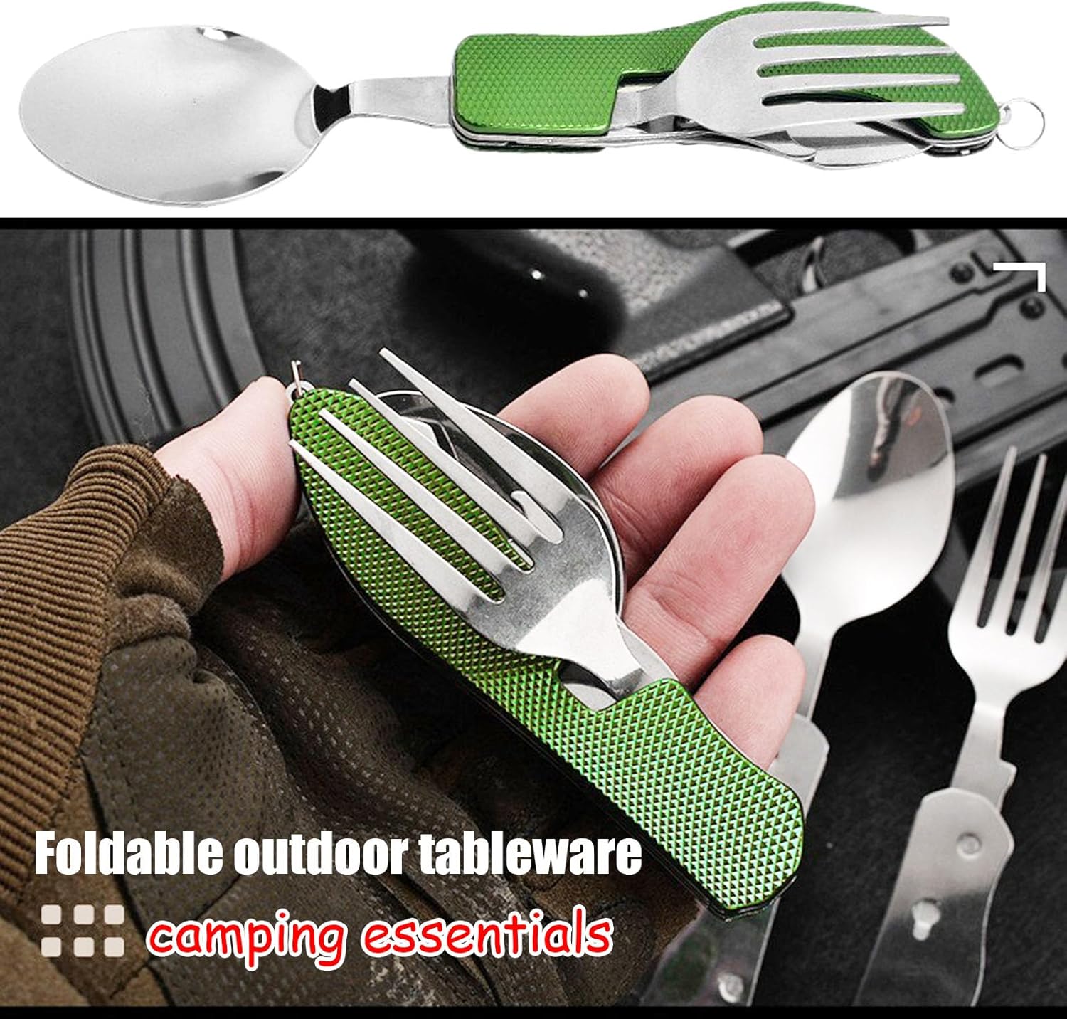 Fourchette de poche multifonction pliable 3 en 1 avec cuillère